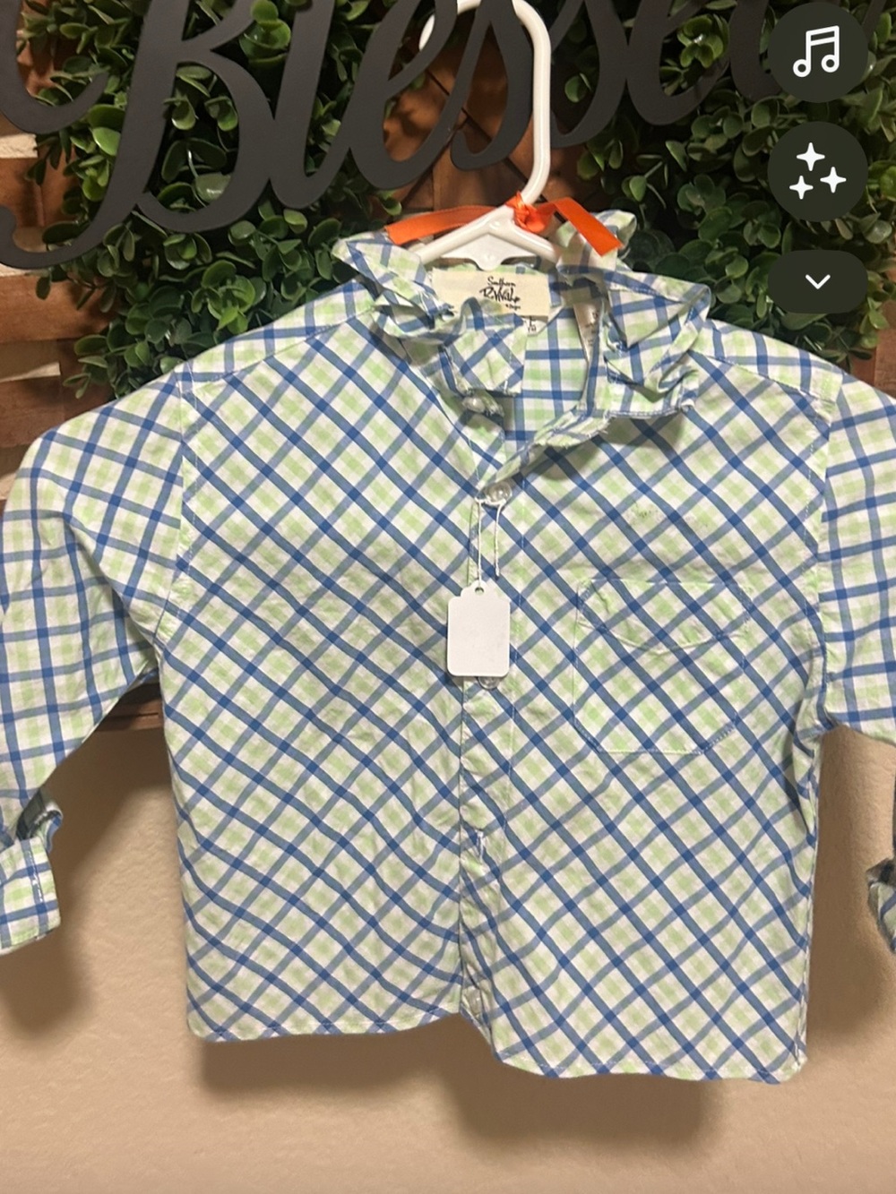 Girls Ruffled Collar Plaid Button-Up Shirt - Blue & Green